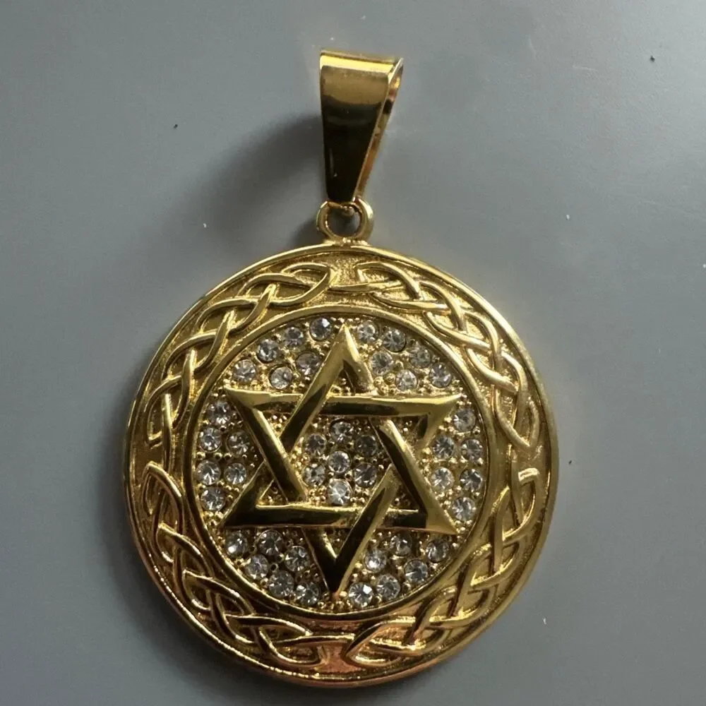Stainless Steel Jewish Star of David 24” Chain Gold Cubic Zirconia Israel Faith